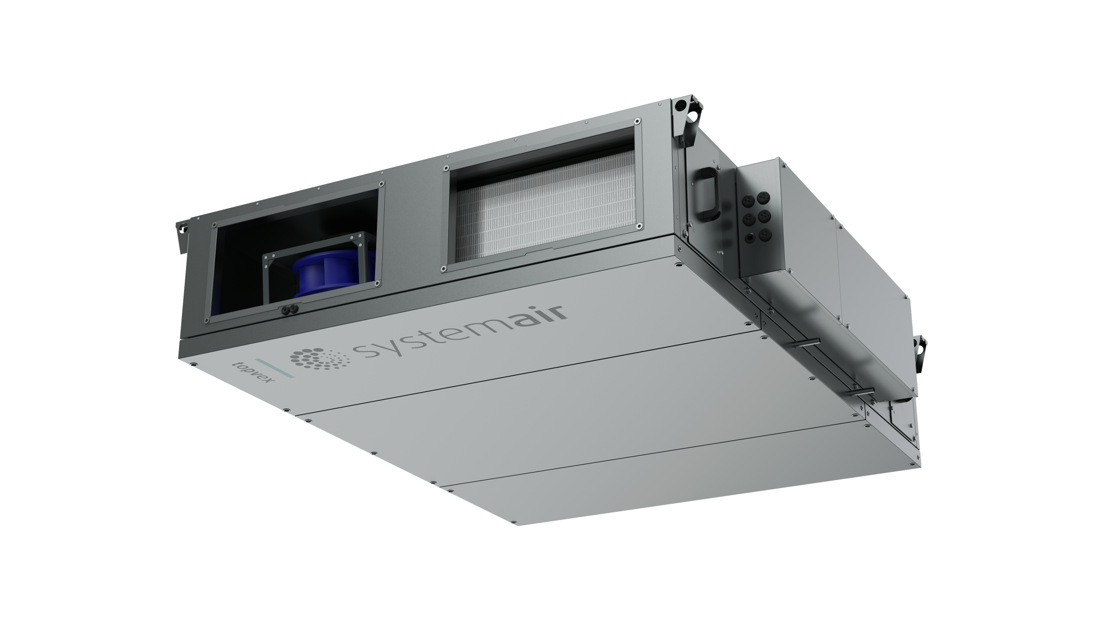 Topvex FC, Flat, compact air handling unit featuring counterflow heat exchangers with airflow range: 90 up to 3.150 m³/h.